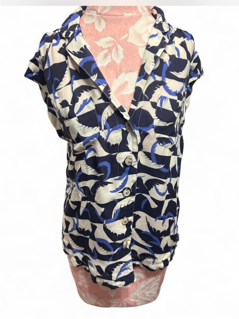 Anthro Blue & White dove Print Button Front Blouse.